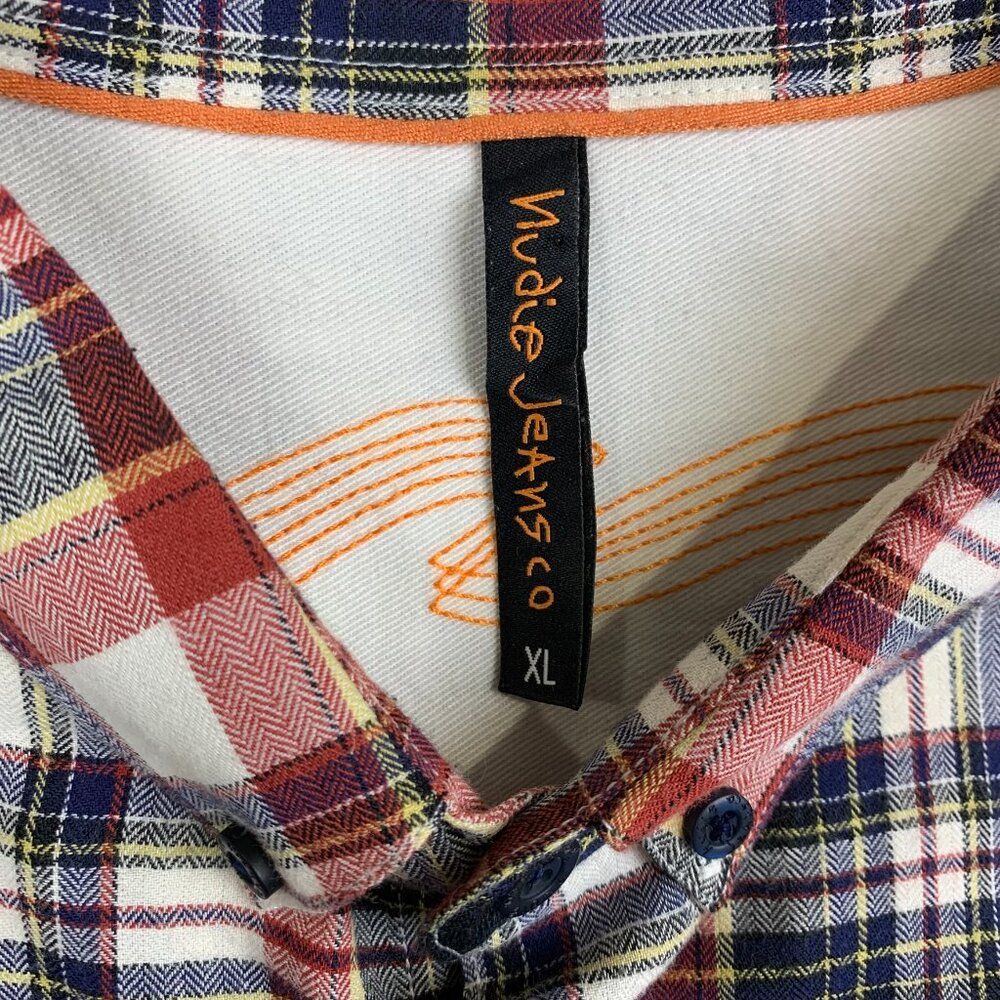 Nudie Mens Shirt Large Red Blue Tartan Plaid Herringbone Button Up Short-Sleeve - Picture 3 of 7